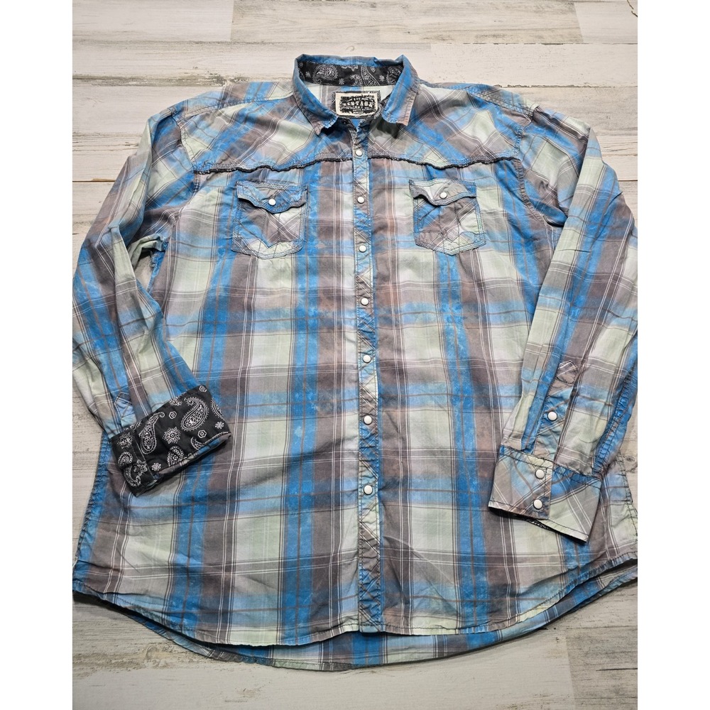 BKE Vintage Mens XXXL Blue Grey Plaid Pearl Snap Western Shirt Athletic Fit